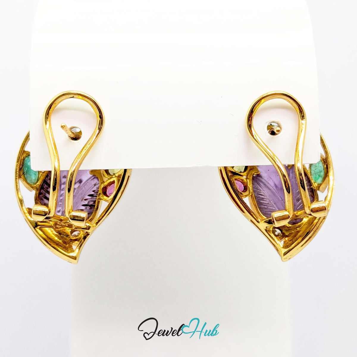 18K Gold Carved Amethyst Leaf Earrings - 18 Gemstones