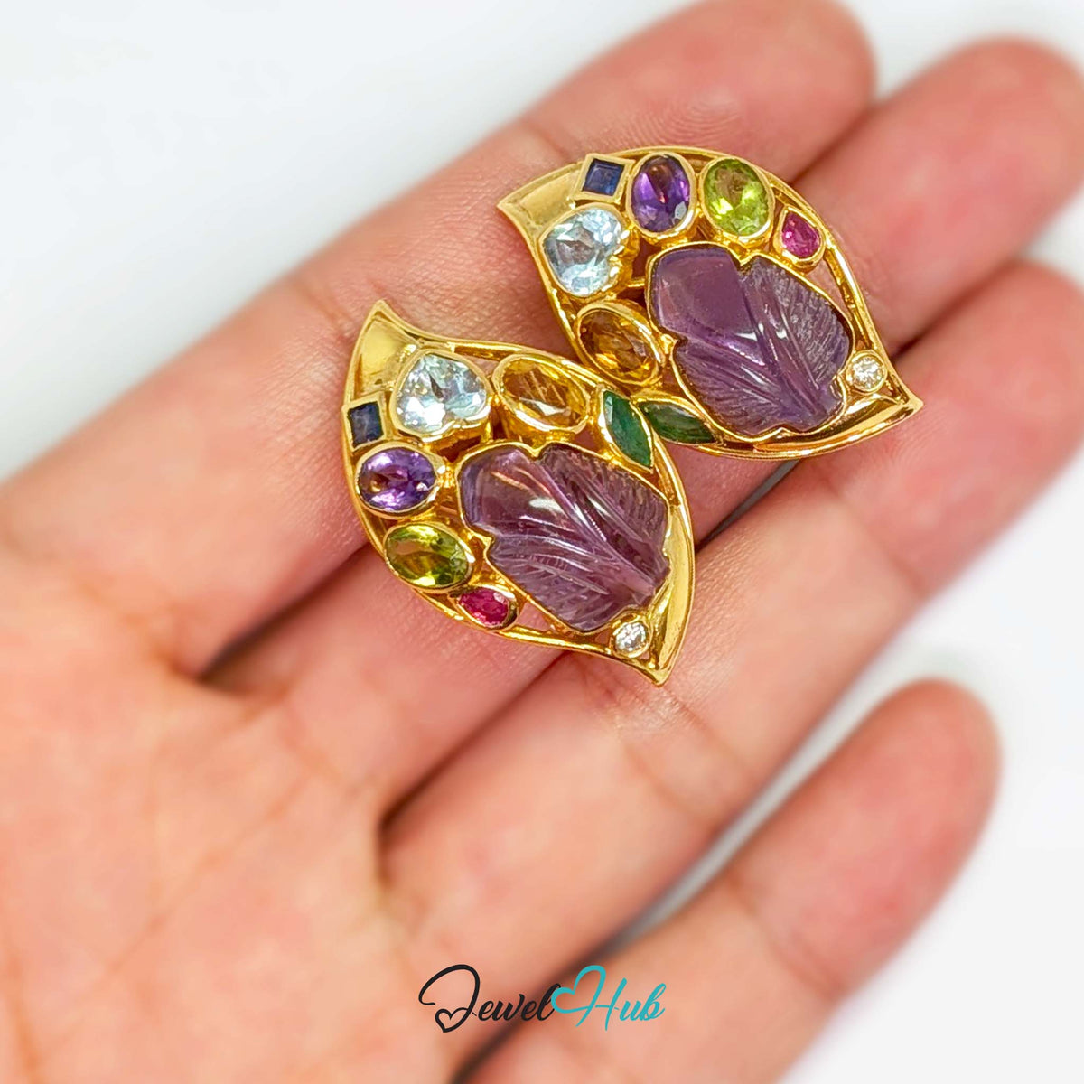 18K Gold Carved Amethyst Leaf Earrings - 18 Gemstones