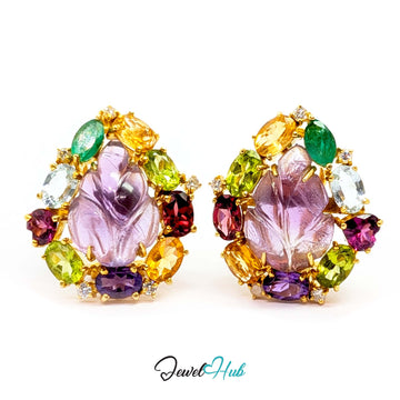 18K Gold Carved Amethyst Flower Earrings - 30 Gemstones