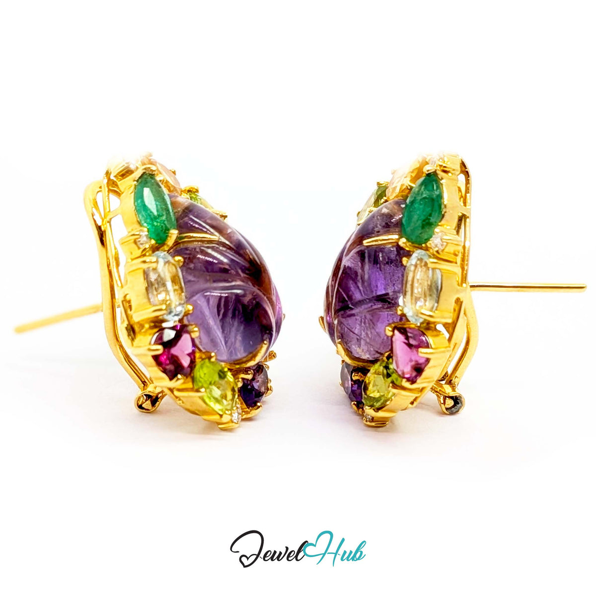 18K Gold Carved Amethyst Flower Earrings - 30 Gemstones