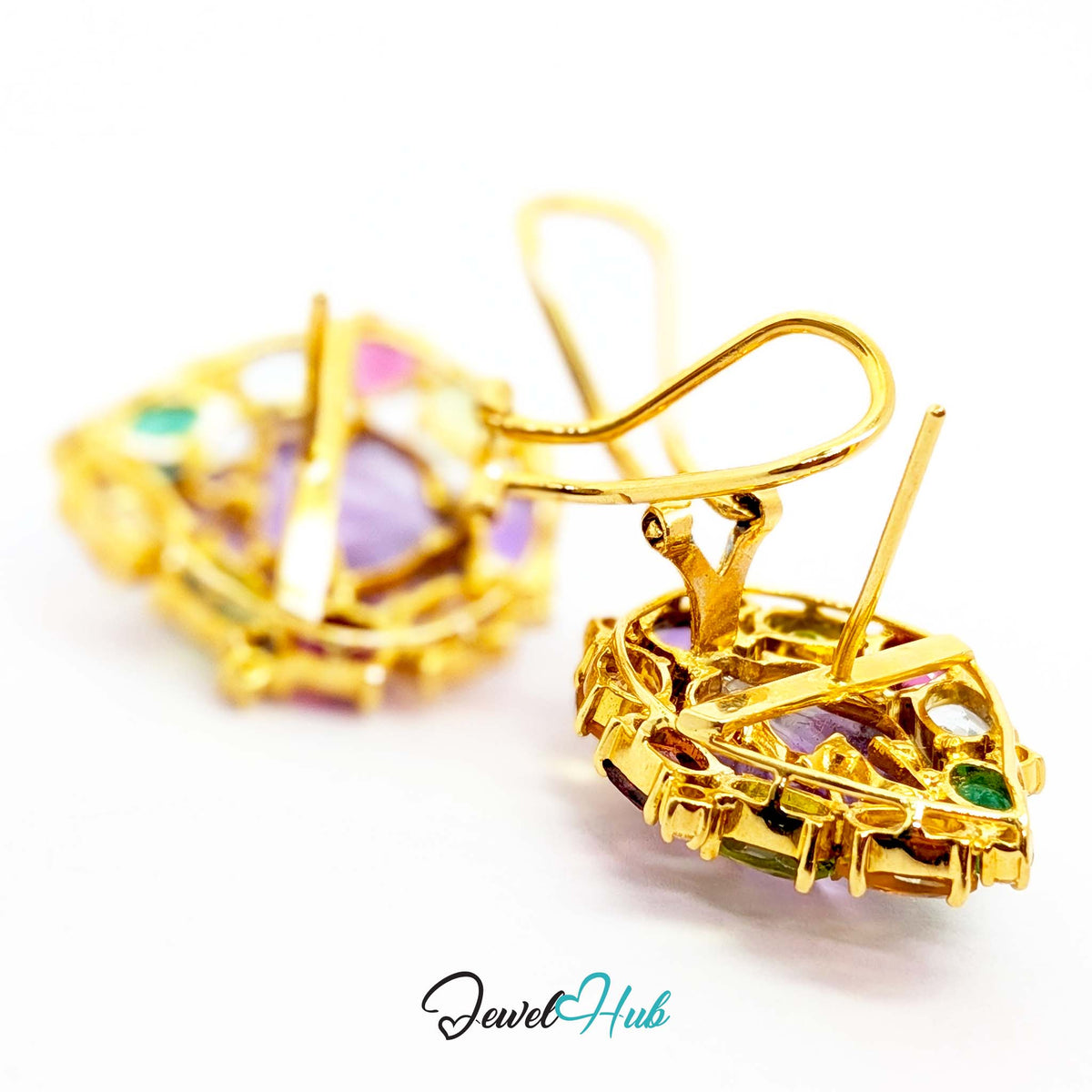 18K Gold Carved Amethyst Flower Earrings - 30 Gemstones