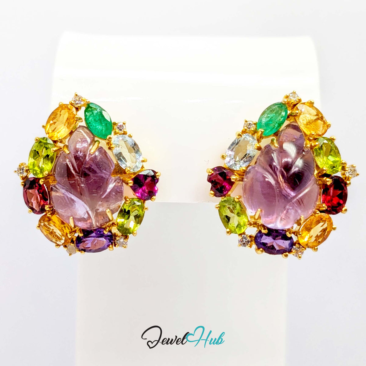 18K Gold Carved Amethyst Flower Earrings - 30 Gemstones