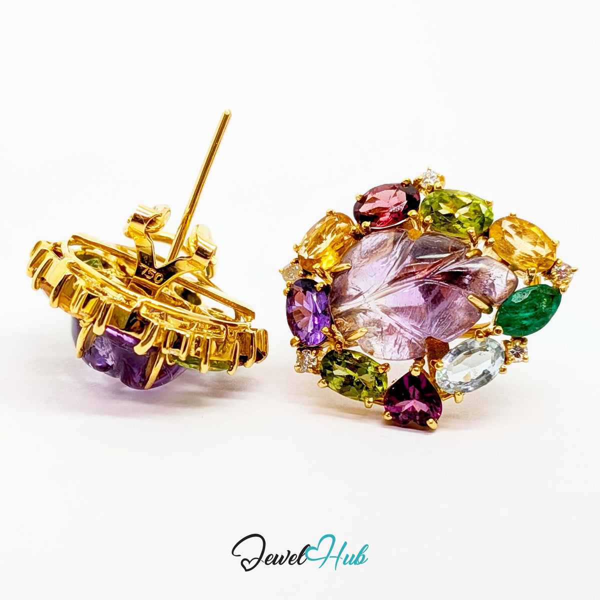18K Gold Carved Amethyst Flower Earrings - 30 Gemstones