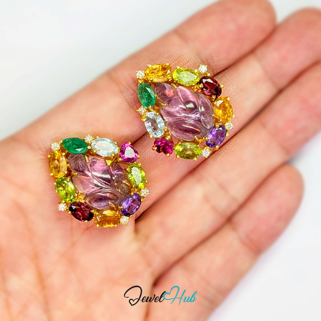 18K Gold Carved Amethyst Flower Earrings - 30 Gemstones