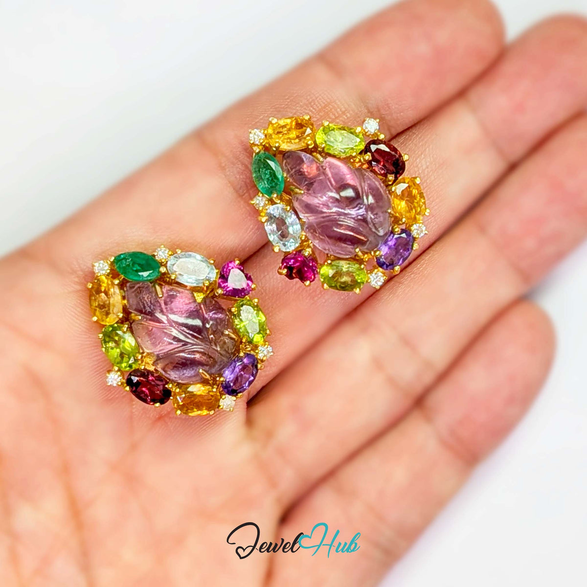 18K Gold Carved Amethyst Flower Earrings - 30 Gemstones
