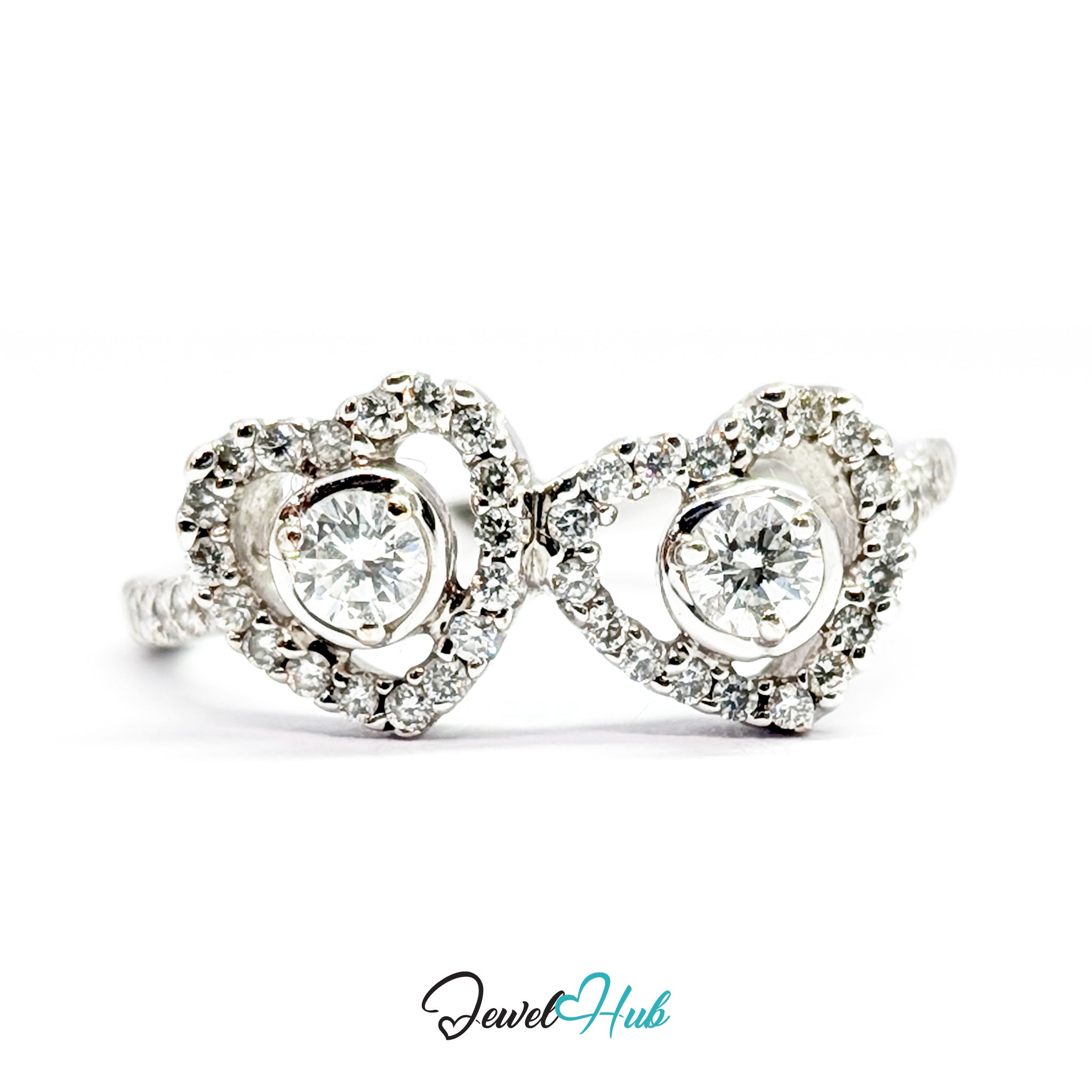 18K White Gold Double Heart Natural Diamond Ring | 0.75ct Est