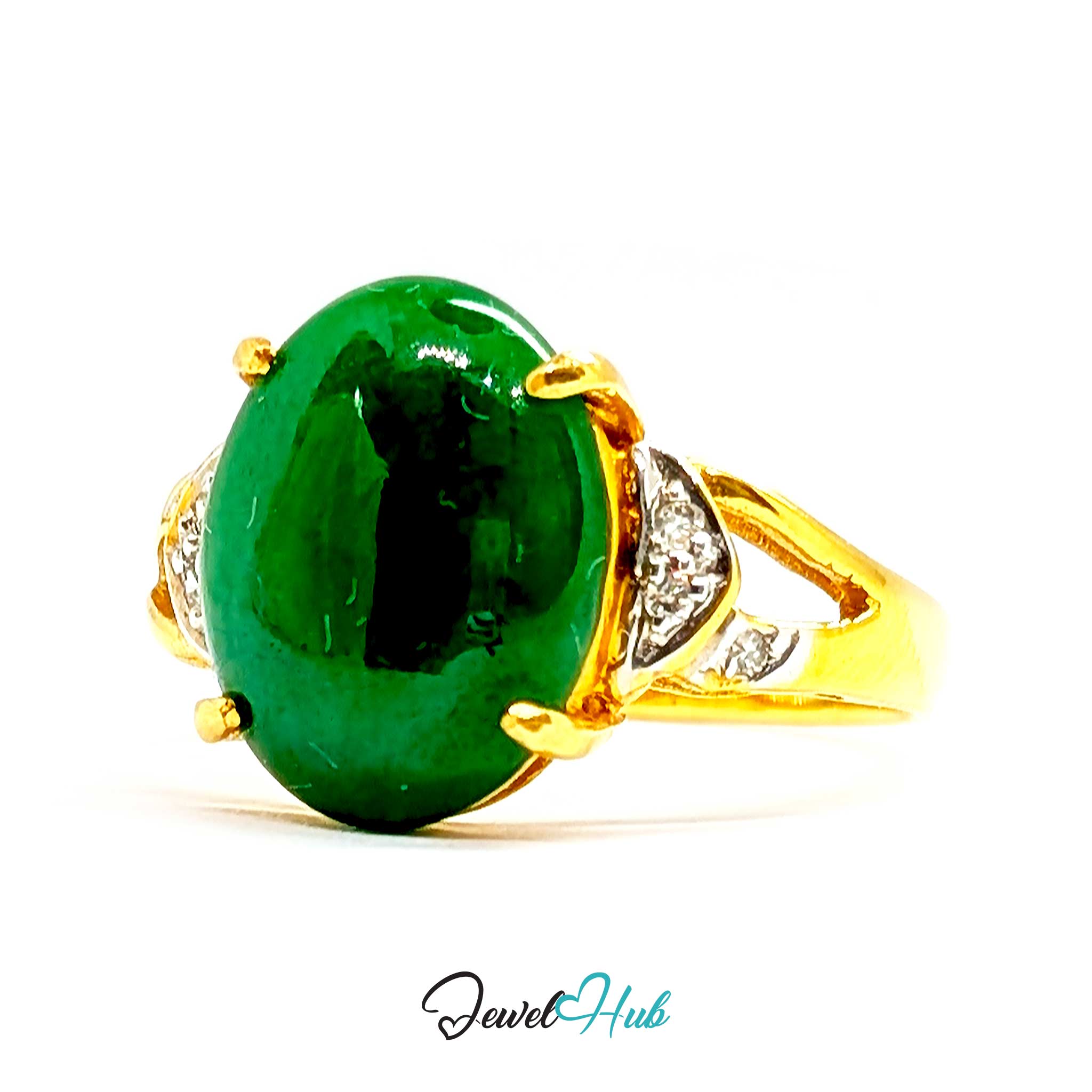 18K Yellow Gold Green Jade & Natural Diamond Ring | 0.07ct Est