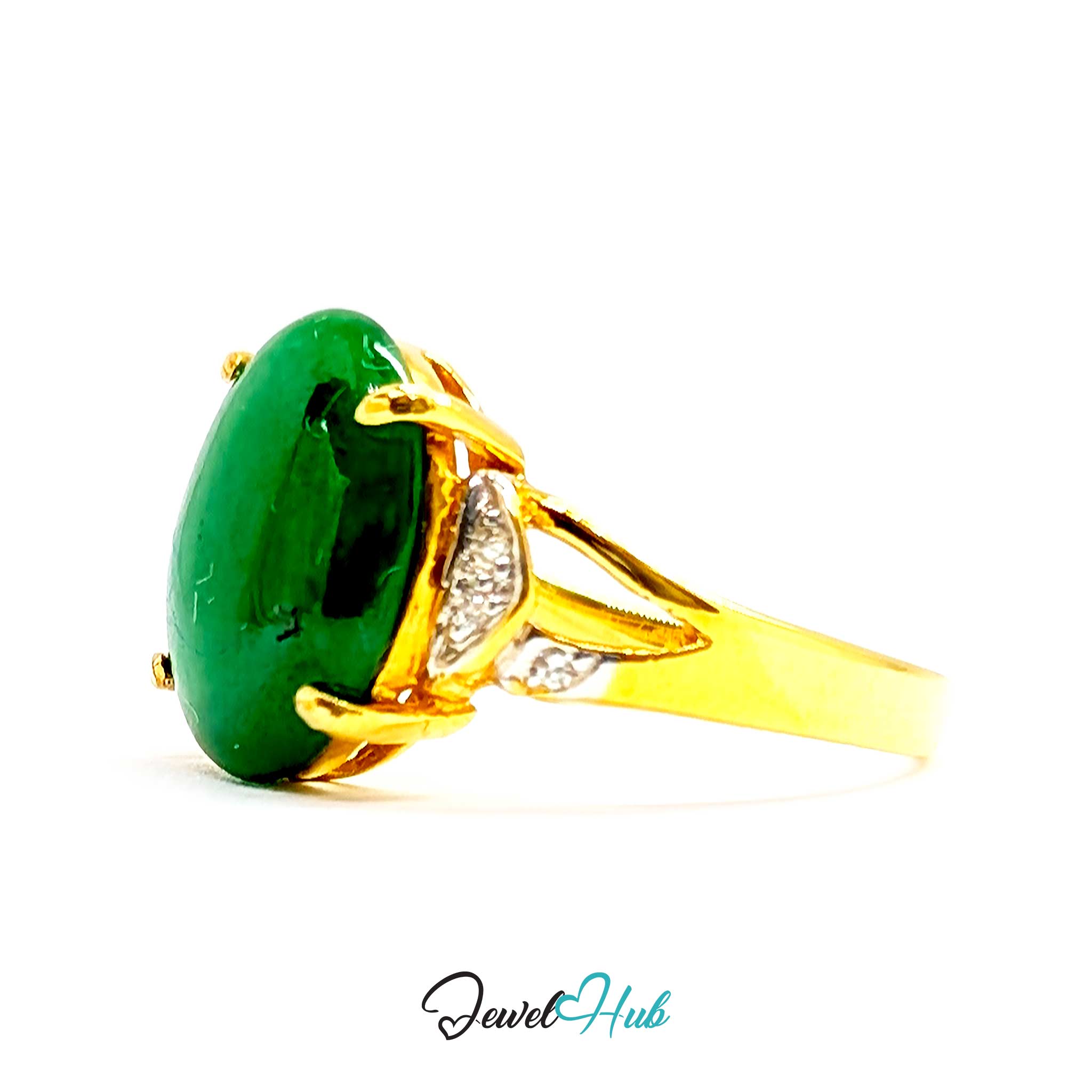 18K Yellow Gold Green Jade & Natural Diamond Ring | 0.07ct Est