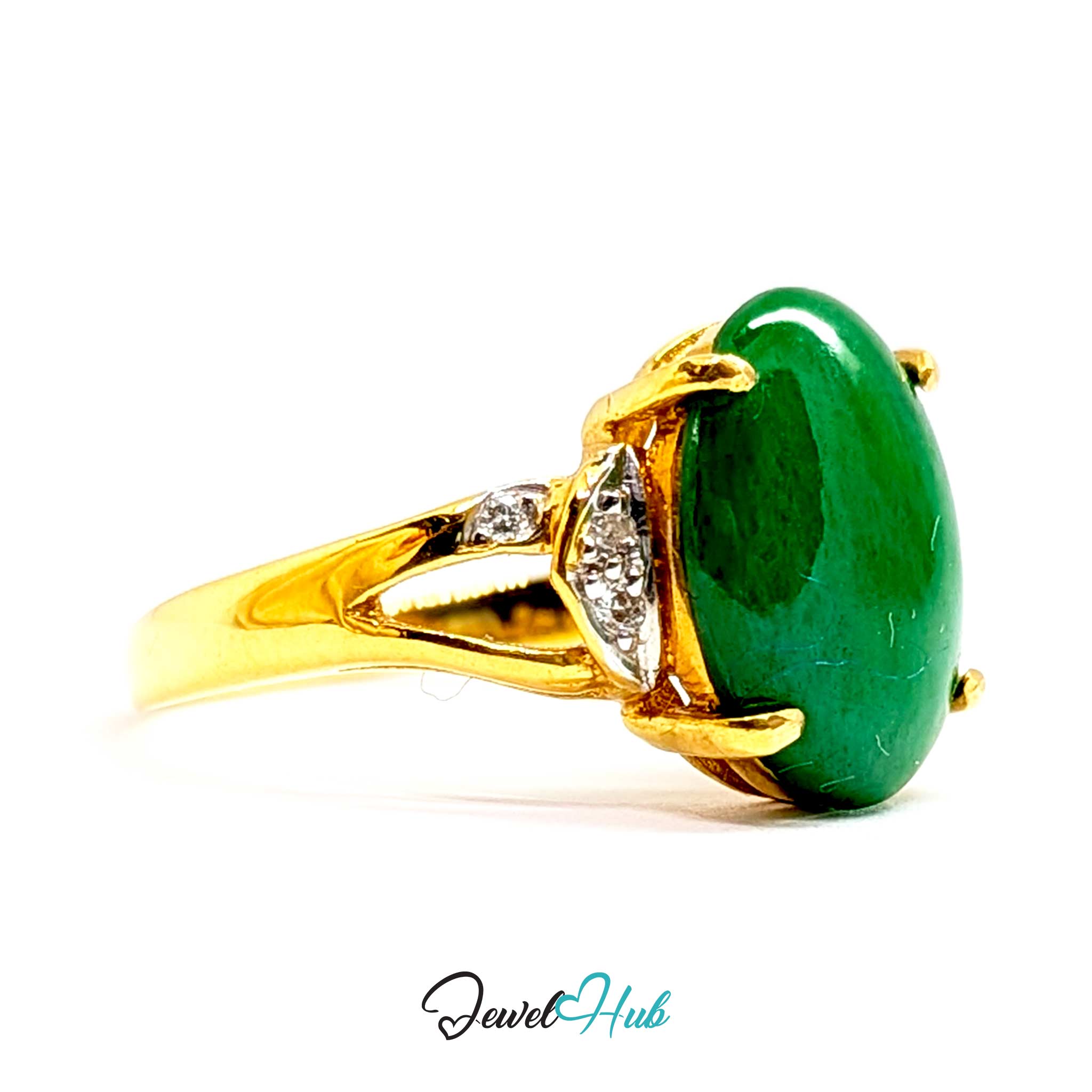 18K Yellow Gold Green Jade & Natural Diamond Ring | 0.07ct Est