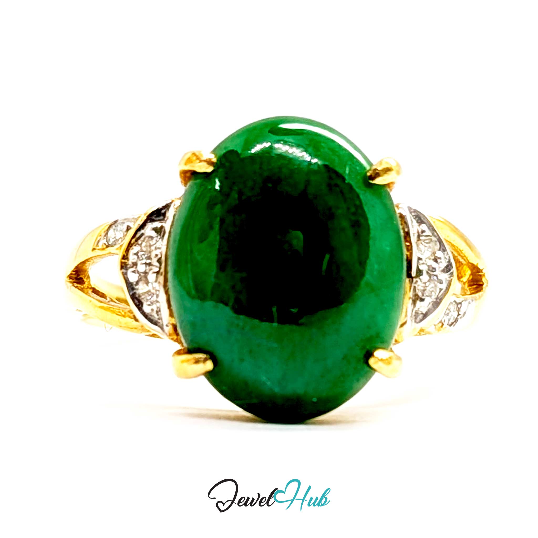 18K Yellow Gold Green Jade & Natural Diamond Ring | 0.07ct Est
