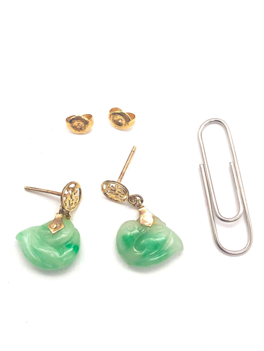 14k (585) Solid Yellow Gold mounted "Fok" Jade small drop earrings