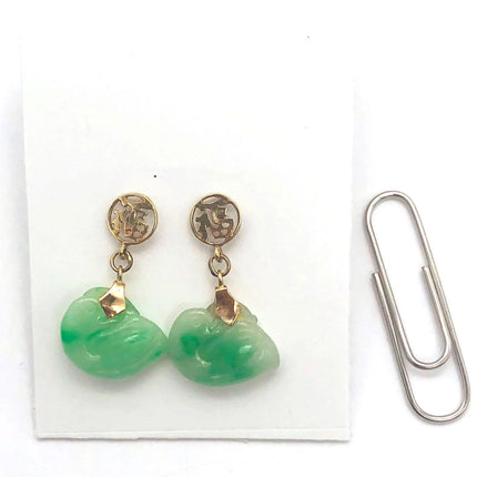 14k (585) Solid Yellow Gold mounted "Fok" Jade small drop earrings JH