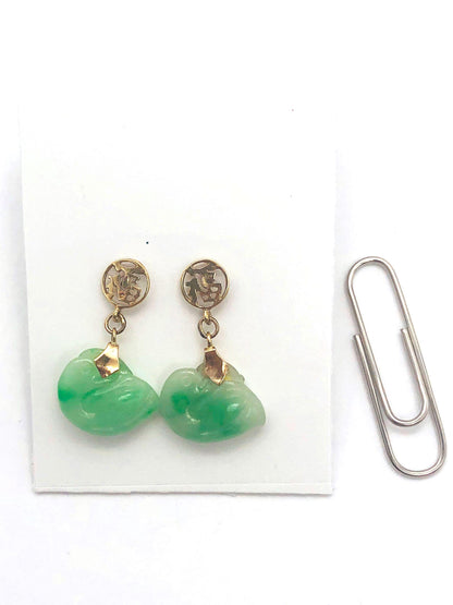 14k (585) Solid Yellow Gold mounted "Fok" Jade small drop earrings