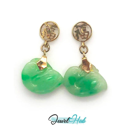 14k (585) Solid Yellow Gold mounted "Fok" Jade small drop earrings JH