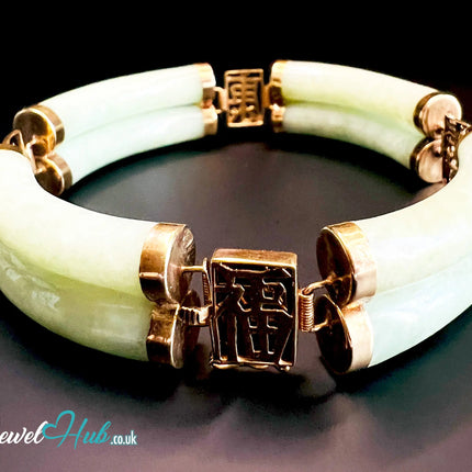 14k Gold Jade Bracelet – 8 Polished Segments · Hallmarked · Cultural Symbolism JH