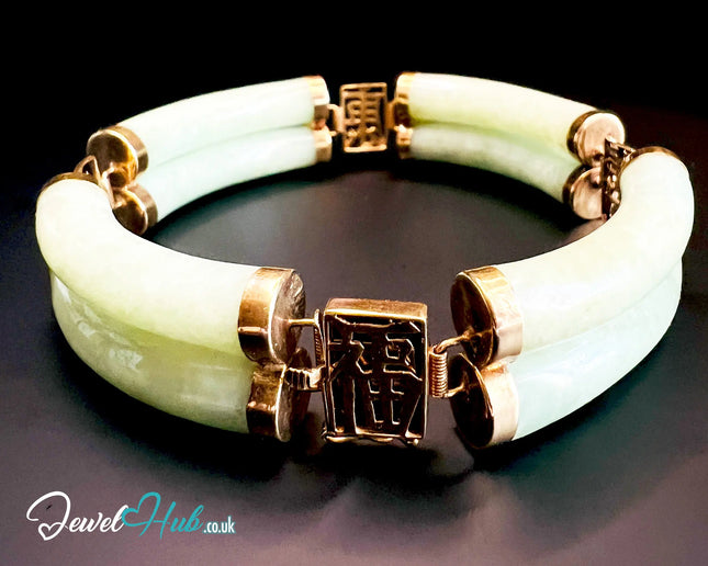 14k Gold Jade Bracelet – 8 Polished Segments · Hallmarked · Cultural Symbolism JH