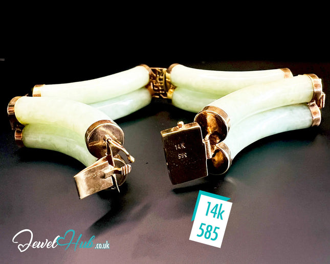 14k Gold Jade Bracelet – 8 Polished Segments · Hallmarked · Cultural Symbolism JH