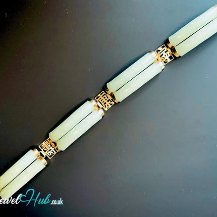 14k Gold Jade Bracelet – 8 Polished Segments · Hallmarked · Cultural Symbolism JH