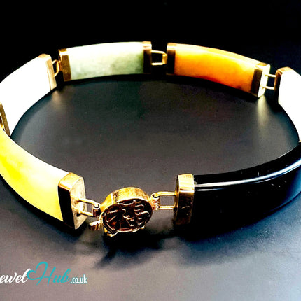 14K Gold Multi-Color Jade Bracelet – 6 Polished Segments · Hallmarked JH