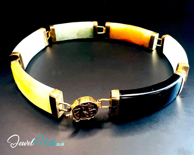 14K Gold Multi-Color Jade Bracelet – 6 Polished Segments · Hallmarked JH