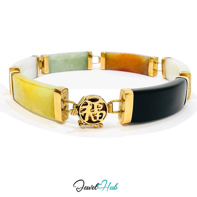 14K Gold Multi-Color Jade Bracelet – 6 Polished Segments · Hallmarked JH