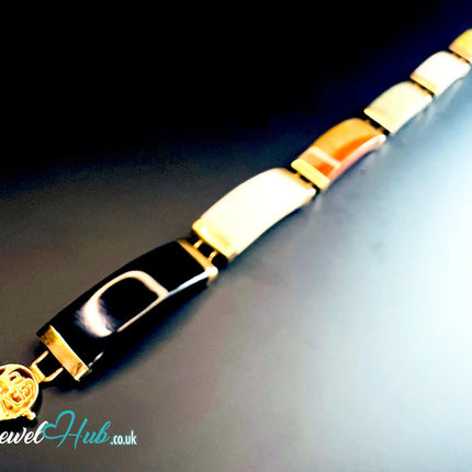 14K Gold Multi-Color Jade Bracelet – 6 Polished Segments · Hallmarked JH