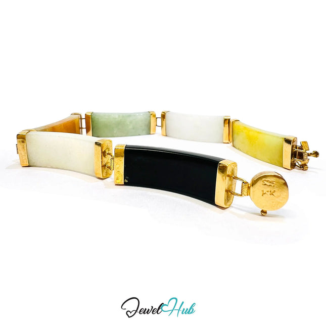 14K Gold Multi-Color Jade Bracelet – 6 Polished Segments · Hallmarked JH