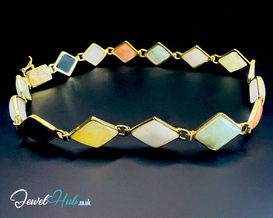 14K Gold Diamond-Cut Jade Bracelet – 15 Colorful Stones · 18cm · 5.33g · Hallmarked Wellness Jewelry