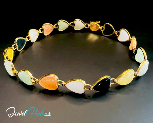14K Gold Heart Jade Bracelet – 17 Colorful Stones · 18cm · 5.86g · Hallmarked Wellness Jewelry