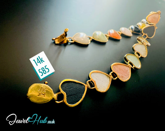 14K Gold Heart Jade Bracelet – 17 Colorful Stones · 18cm · 5.86g · Hallmarked Wellness Jewelry