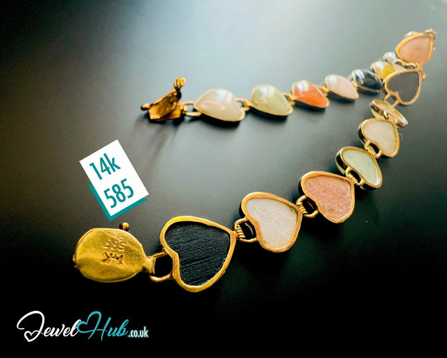 14K Gold Heart Jade Bracelet – 17 Colorful Stones · 18cm · 5.86g · Hallmarked Wellness Jewelry JH
