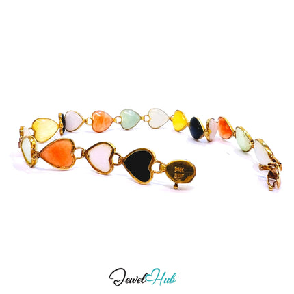 14K Gold Jade Bracelet (Heart) 17 Colorful Stones · 18cm · 5.86g · Hallmarked Wellness Jewelry JH