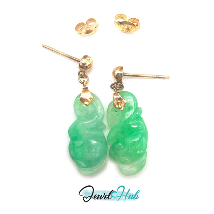 14k (585) Solid Gold Mounted Lucky & Wishful Jade long drop earrings JH