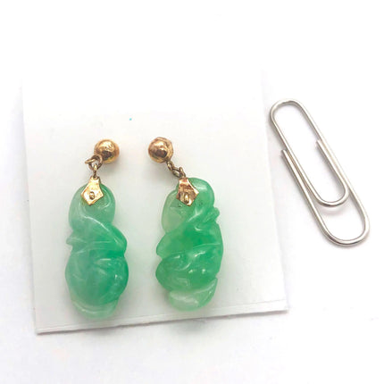 14k (585) Solid Gold Mounted Lucky & Wishful Jade long drop earrings JH