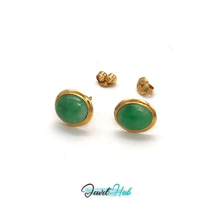14k (585) Yellow Solid Gold surrounding mounted Oval-shaped Jade earring JH