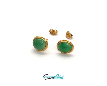 14k (585) Yellow Solid Gold surrounding mounted Oval-shaped Jade earring