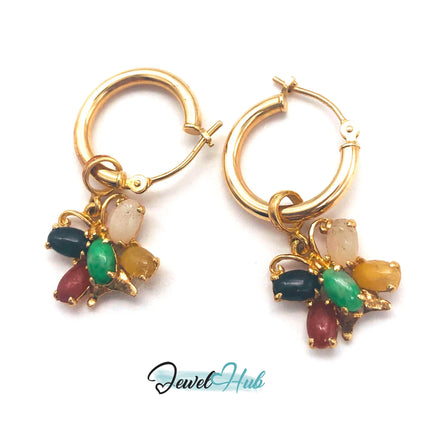 14k (585) Solid Yellow Gold dangle earrings (multi colour jade butterfly) JH