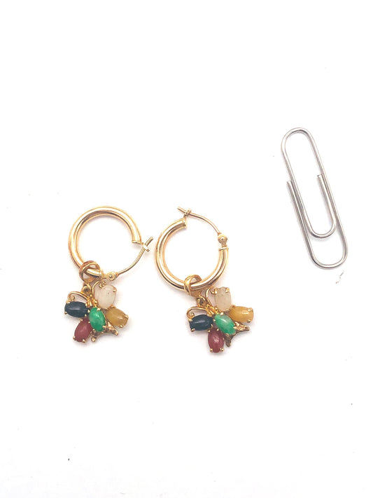 14k (585) Solid Yellow Gold dangle earrings (multi colour jade butterfly)