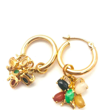 14k (585) Solid Yellow Gold dangle earrings (multi colour jade butterfly) JH