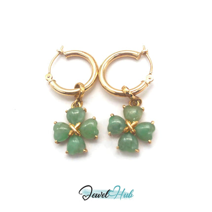 14k (585) Solid Yellow Gold Green Jade dangle earrings with a floral pattern JH