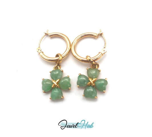 14k (585) Solid Yellow Gold Green Jade dangle earrings with a floral pattern