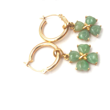 14k (585) Solid Yellow Gold Green Jade dangle earrings with a floral pattern JH