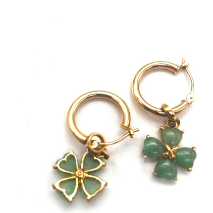 14k (585) Solid Yellow Gold Green Jade dangle earrings with a floral pattern JH