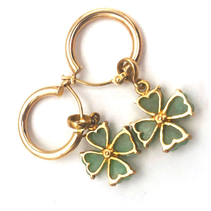 14k (585) Solid Yellow Gold Green Jade dangle earrings with a floral pattern JH