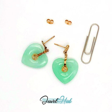 14k (585) Solid Yellow Gold crafted “Fok" mounting heart-shaped jade drop earrings JH