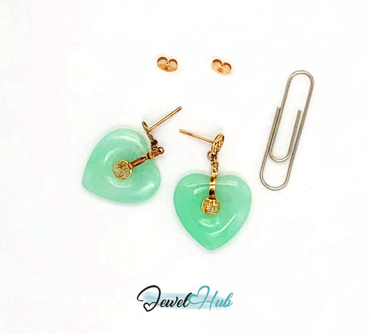 14k (585) Solid Yellow Gold crafted “Fok" mounting heart-shaped jade drop earrings