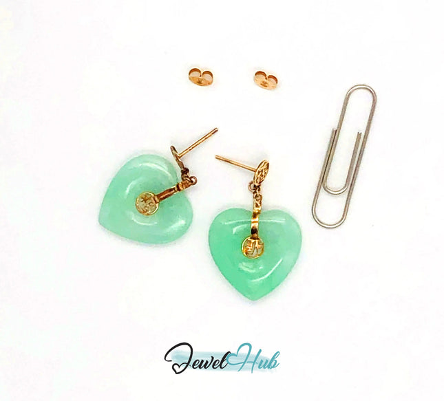14k (585) Solid Yellow Gold crafted “Fok" mounting heart-shaped jade drop earrings JH