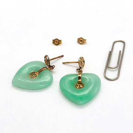 14k (585) Solid Yellow Gold crafted “Fok" mounting heart-shaped jade drop earrings JH