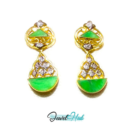 18k (750) Solid Yellow Gold mounted mixed diamond and jade drop earrings JH