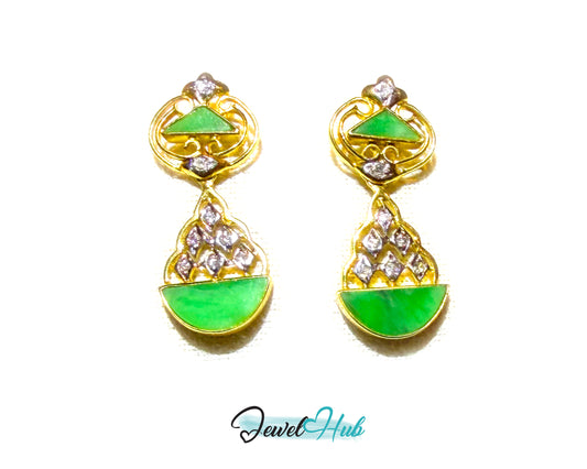 18k (750) Solid Yellow Gold mounted mixed diamond and jade drop earrings